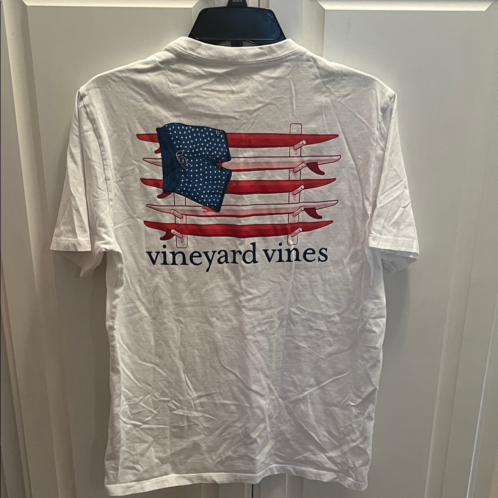 Vineyard Vines White Tee with Red and Blue Surfboard Design